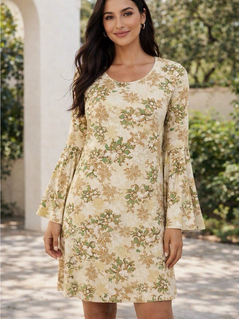 Tacera Cream Floral Bell-Sleeve Shift Dress with Green Accents